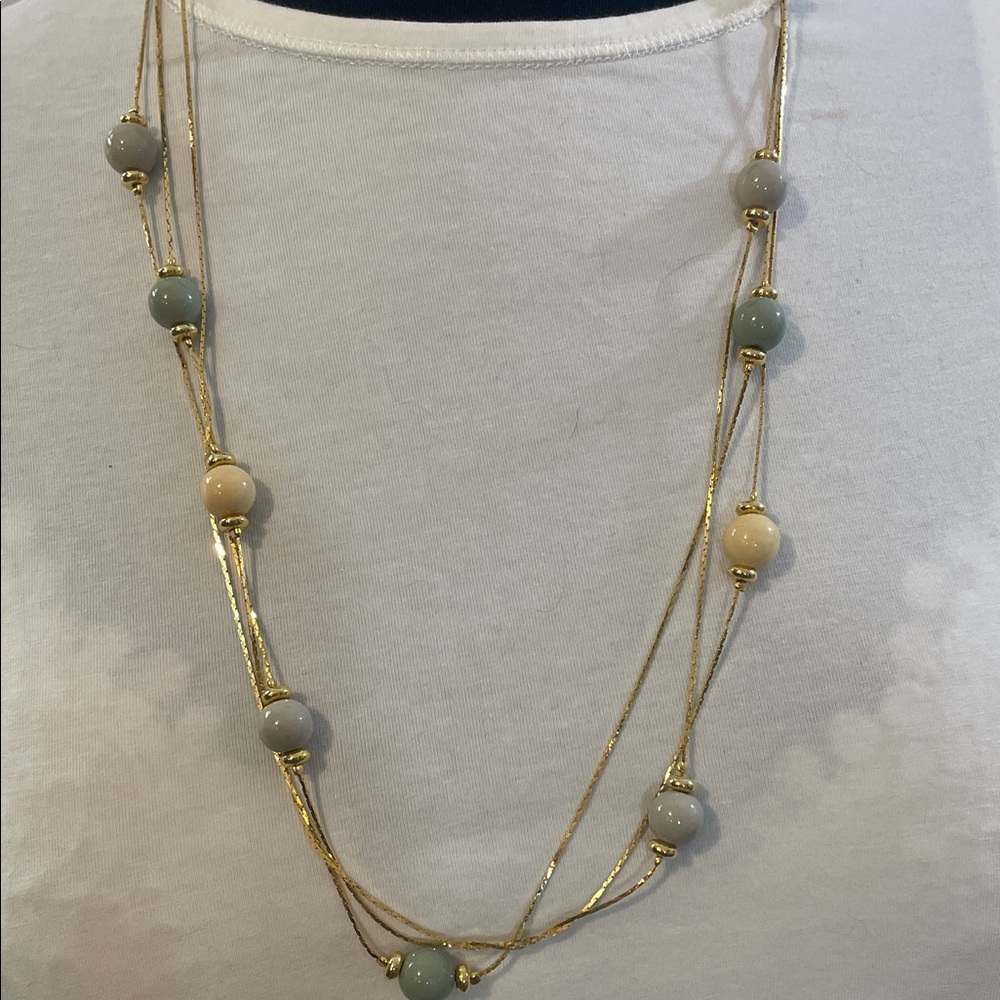 Gold Multi Strand Layered Bead Necklace in Pastel Tones 14β at the drop.
